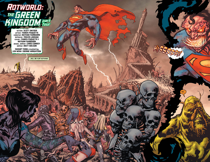 Illustration for article titled Your First Glimpse of the Nightmarish Fates of Superman and Batman, in Swamp Thing #16!